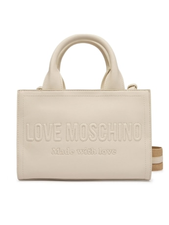 Moschino borsa a mano avorio con tracolla e logo in rilievo tono su tono