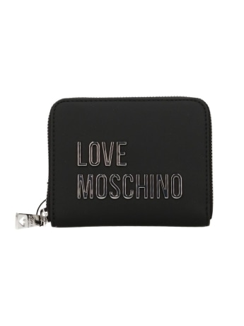 Moschino portafoglio donna zip around in ecopelle nera con logo argentato