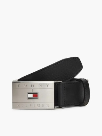 Tommy Hilfiger cintura uomo  in pelle nera con placca  bandiera