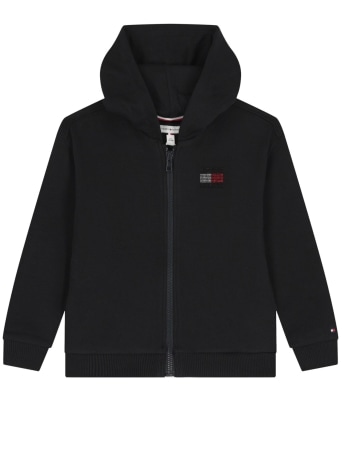 Tommy Hilfiger felpa kids/junior con cappuccio e zip nera con logo decorato
