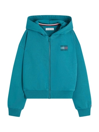 Tommy Hilfiger felpa kids/junior con cappuccio e zip verde acqua con logo decorato