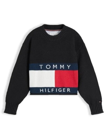 Tommy Hilfiger maglia kids/junior in cotone nero relaxed fit con maxi bandiera