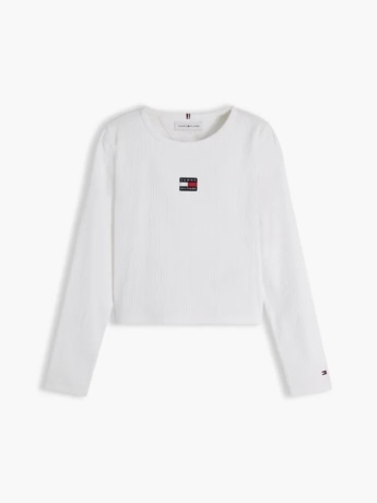 Tommy Hilfiger t-shirt kids/junior a maniche lunghe heritage extra slim in cotone bianco a costine con logo bandiera