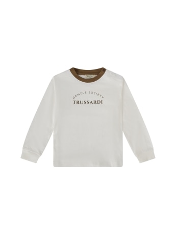 Trussardi t-shirt inf/kids  panna a maniche lunghe con stampa  logo a contrasto