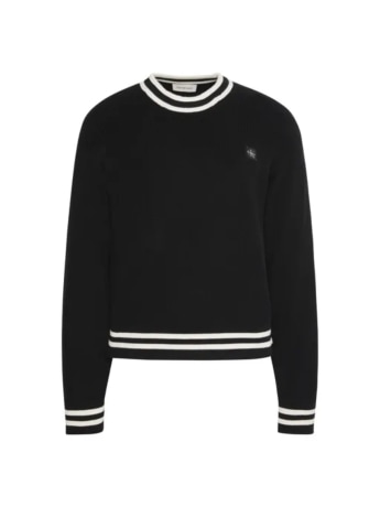 Calvin Klein maglione girocollo donna nero con righe a contrasto e logo sul petto