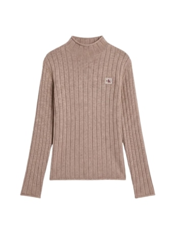 Calvin Klein maglione girocollo in cotone donna beige a collo alto con logo sul petto