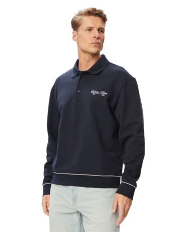 Calvin Klein polo uomo con manica lunga blu scuro con logo lettering a contrasto sul petto