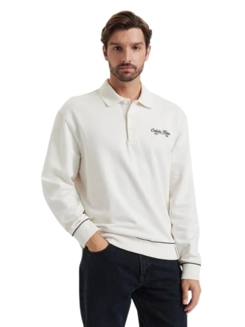 Calvin Klein polo uomo con manica lunga bianco con logo lettering a contrasto sul petto
