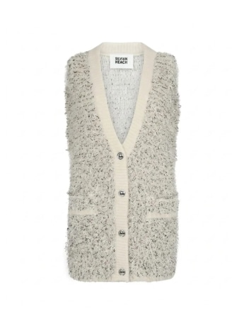 Silvian Heach gilet lungo donna in maglia con bottoni  effetto bouclé  panna/nero