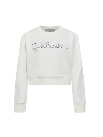 Just Cavalli felpa bimba/junior cropped in cotone bianco con logo firma in strass