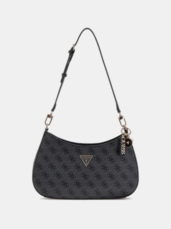 Guess borsa a spalla noelle ii top zip in ecopelle nera con logo all over