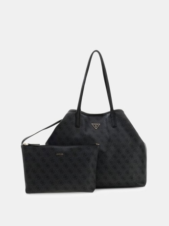 Guess borsa tote donna grande 2 in 1 victoria in ecopelle nera con logo all over