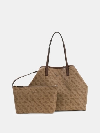 Guess borsa a spalla victtoria large 2 in 1 tote in ecopelle beige con logo all over