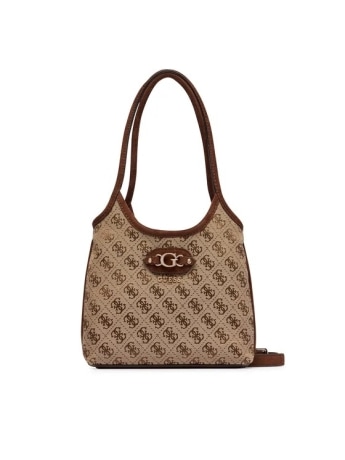 Guess borsa a mano donna con tracolla samantha mini tote in ecoeppelle beige con logo all over