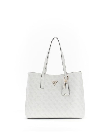 Guess borsa a spalla donna meridian ii girlfriend tote in ecopelle bianca con logo all over