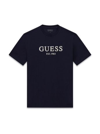 Guess t-shirt uomo in cotone blu con logo lettering ricamato