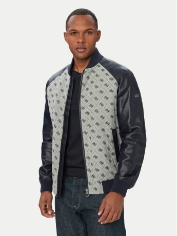 Guess giubbotto uomo monogram  blu e grigio con logo all over