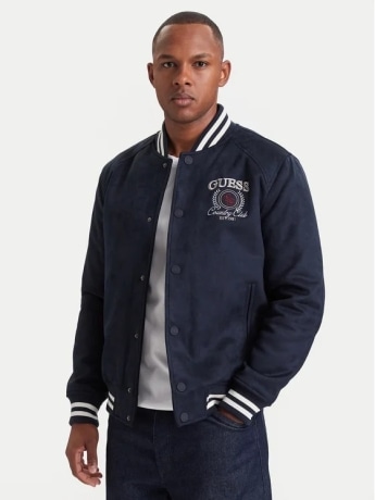 Guess giubbotto uomo varsity in ecocamoscio blu con logo