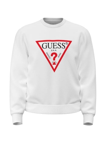 Guess felpa girocollo uomo in cotone bianco con logo triangolo rosso