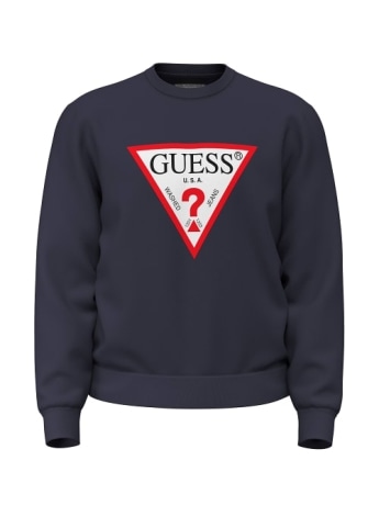 Guess felpa girocollo uomo in cotone blu con logo triangolo rosso
