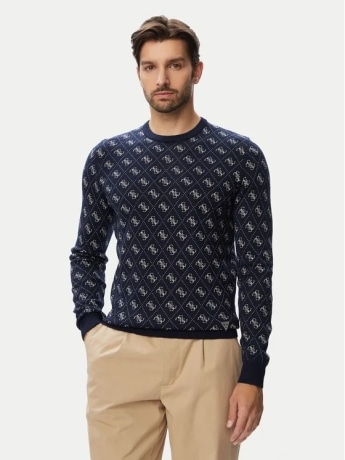 Guess maglia uomo in misto lana jacquard blu con logo all over