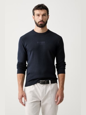 Guess maglia uomo in misto viscosa blu con logo