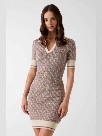 Guess abito donna  lise 4g logo con colletto polo in maglia beige