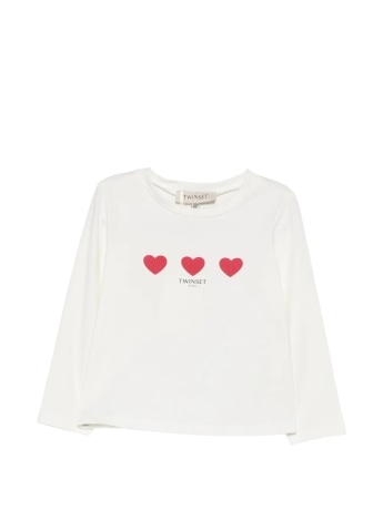 Twinset t-shirt bimba in cotone bianco con stampa cuori e logo