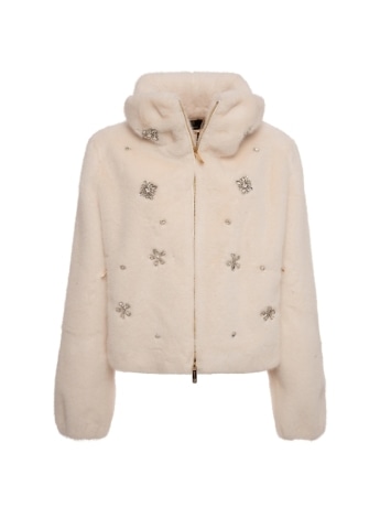 Fracomina giubbotto in ecopelliccia crema collo alto e pietre gioiello