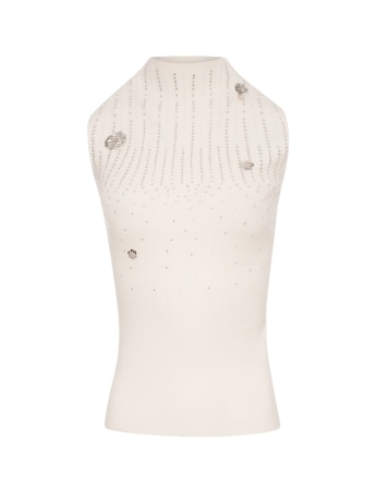 Fracomina top girocollo alto crema con strass e paillettes