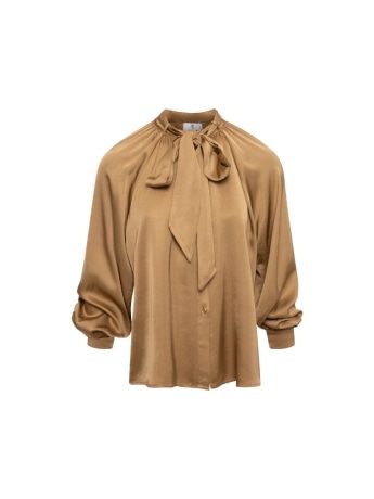 Fracomina blusa in raso cammello con colletto fiocco e maniche a palloncino
