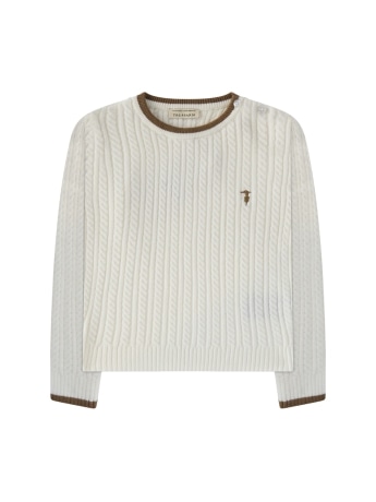 Trussardi maglione infant/kids avorio con perfili e ricamo levriero a contrasto