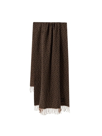 Liu-jo stola marrone con logo monogram all over e frange decorative