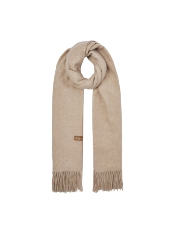 Liu-jo stola beige con logo monogram in rilievo e frange decorative