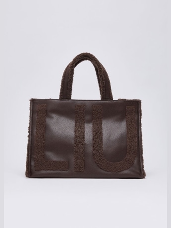 Liu-jo borsa tote marrone grande con maxi logo effetto peluche