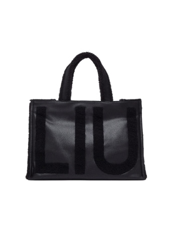 Liu-jo borsa tote nera grande con maxi logo effetto peluche