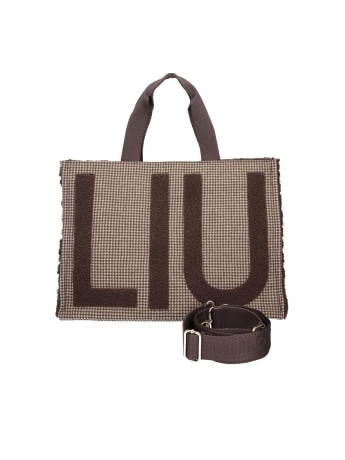 Liu-jo borsa tote grande in tessuto marrone check con maxi logo effetto peluche