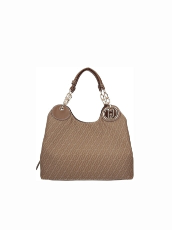 Liu-jo borsa satchel media in tessuto logo monogram jacquard beige