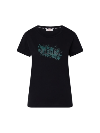 Liu-jo t-shirt donna in cotone nero con logo lettering in strass