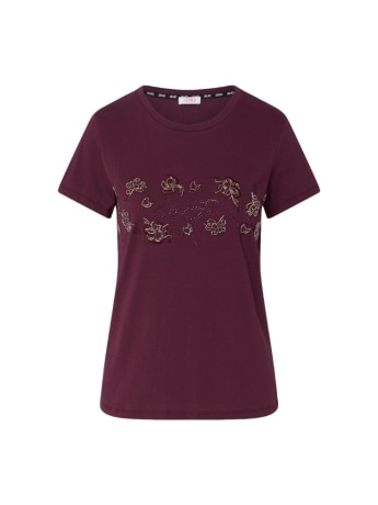 Liu-jo t-shirt donna in cotone melanzana con logo lettering e fiori in strass