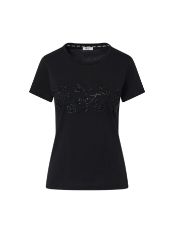 Liu-jo t-shirt donna in cotone nero con logo lettering e fiori in strass
