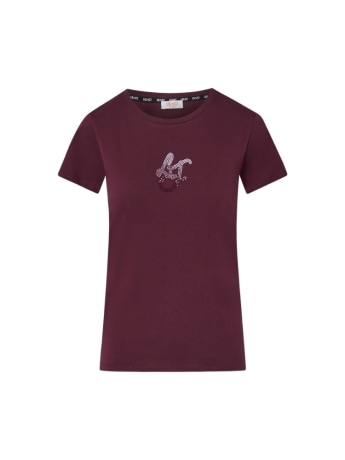 Liu-jo t-shirt donna in cotone melanzana con logo in strass