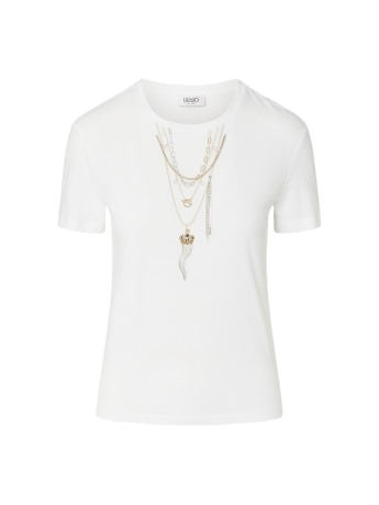 Liu-jo t-shirt donna in cotone bianco con catene e strass