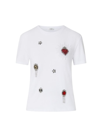 Liu-jo t-shirt donna in cotone bianco con applicazioni gioielli