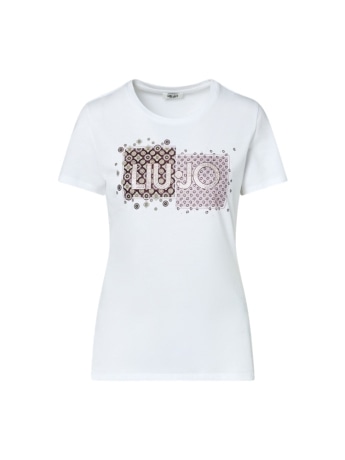 Liu-jo t-shirt donna in cotone bianco con stampa e logo in strass