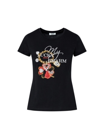 Liu-jo t-shirt donna in cotone nero con stampa lucky charm e strass slim fit