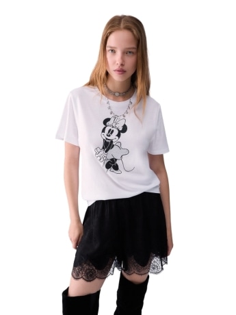 Liu-jo t-shirt donna in cotone bianco con stampa minnie mouse e strass