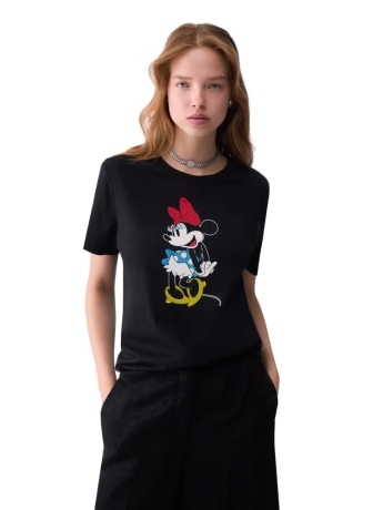 Liu-jo t-shirt donna in cotone nero con stampa minnie mouse e strass