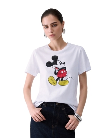 Liu-jo t-shirt donna in cotone bianco con stampa mickey mouse e strass
