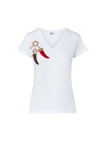 Liu-jo t-shirt donna in cotone bianco con stampa charm in strass